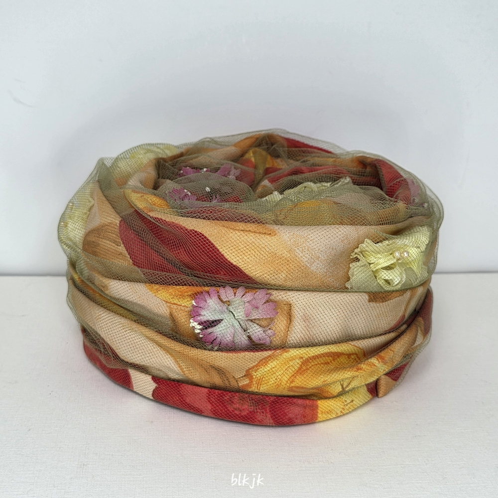 Vintage Women's Union Made Floral Mesh Pillbox Hat *Yellow/Red* EUC